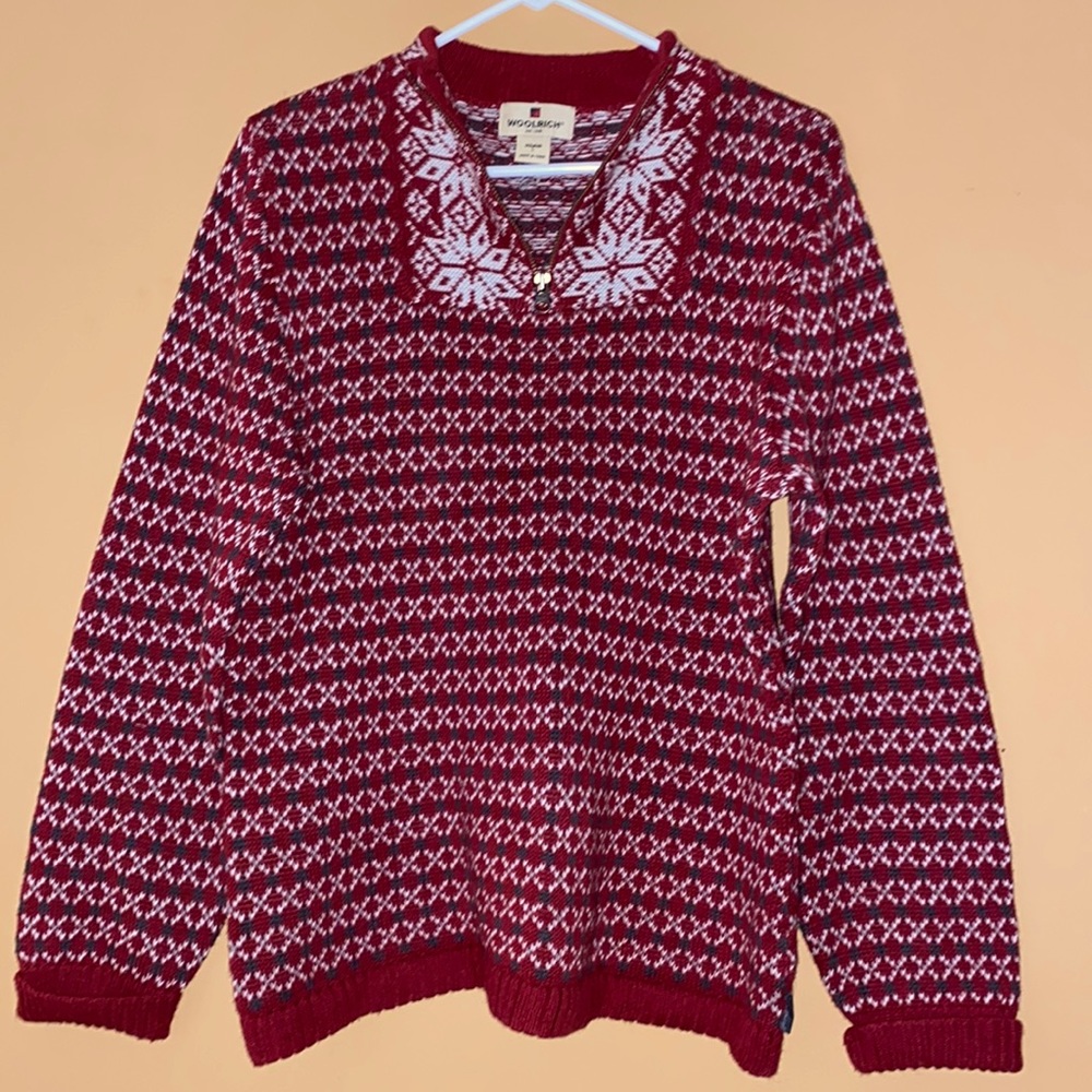 Woolrich 1/4 Zip Red and Gray Long Sleeve Knit Sweater. Size Large.
